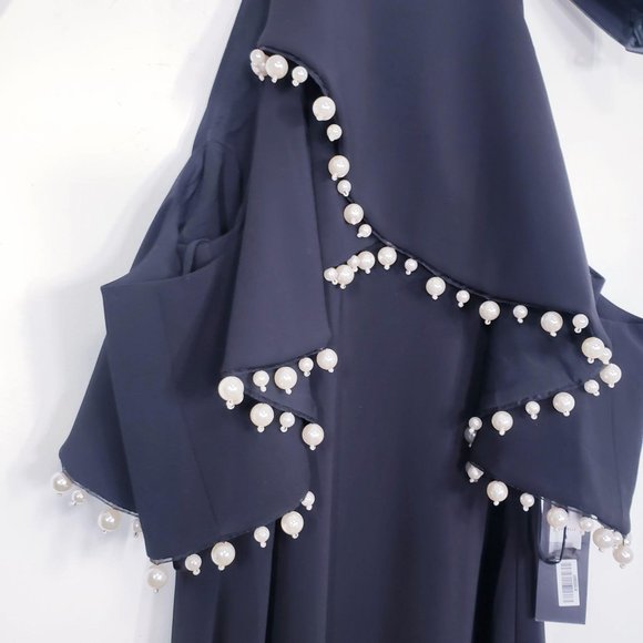 $795 NWT BADGLEY MISCHKA Women's Black Maxi Long Dress‎ 4 SMALL Ruffle Pearls - Picture 9 of 12